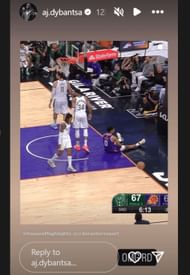 AJ Dybantsa reacts to Phoenix Suns rookie Ryan Dunn putting Giannis Antetokounmpo into a poster. (Source: Instagram/ aj.dybantsa)